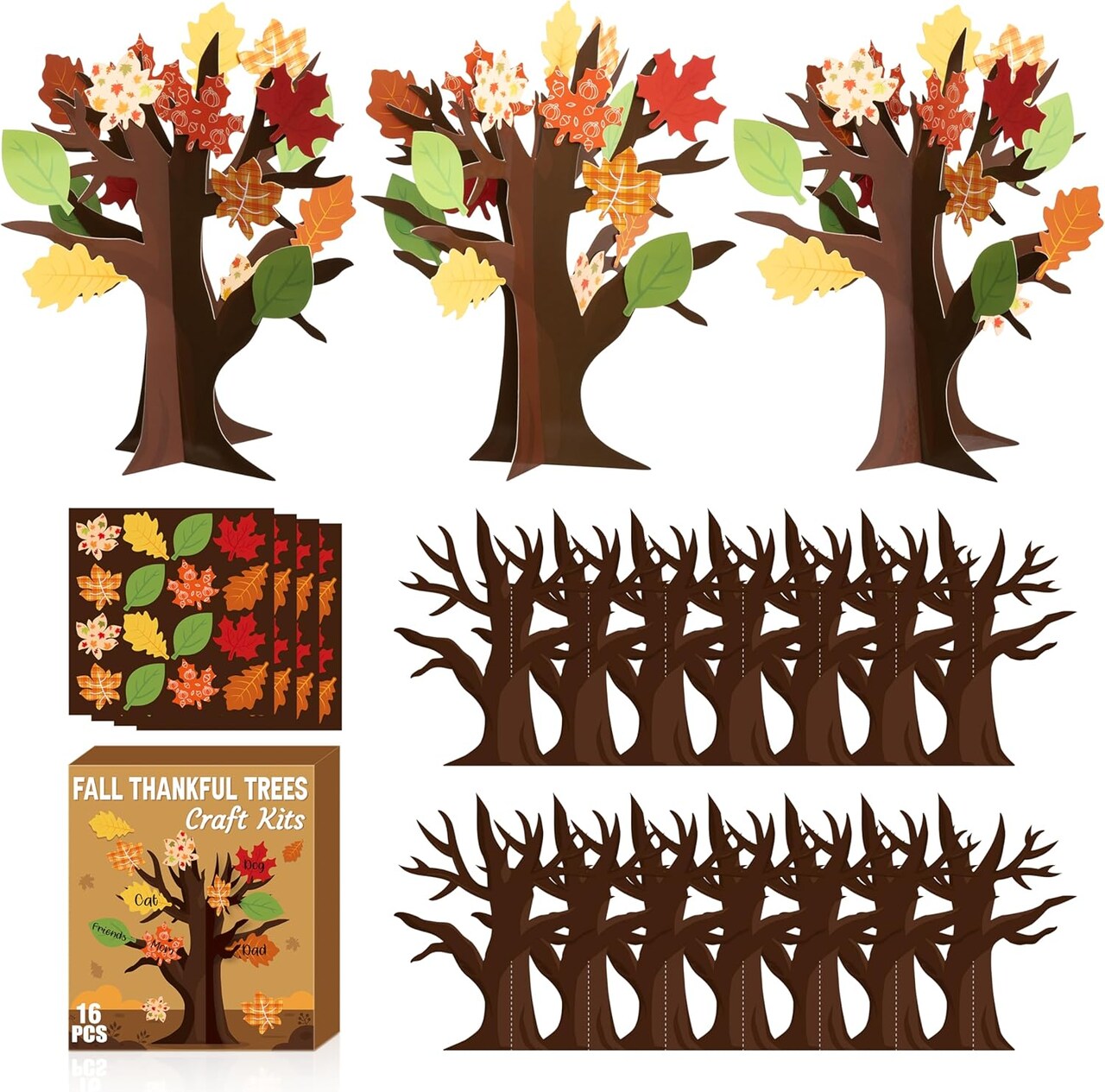16 pieces Fall Thankful Trees Craft Kits for Kids, Autumn Maple Oak Leaves Make Your Own DIY Thanksgiving Trees Decoration Thankful Craft Kit Supplies Home School Fun Activities for Kids.